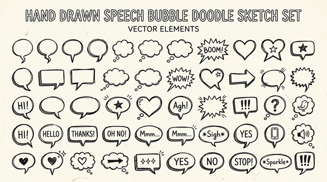   
Hand‑drawn speech and thought bubble collection, varied shapes with expressive words like &ldquo;HI!&rdquo;, &ldquo;WOW!&rdquo;, &ldquo;YAY!&rdquo;, &ldquo;THANK YOU!&rdquo;, symbolizing comic‑style communication and playful design.