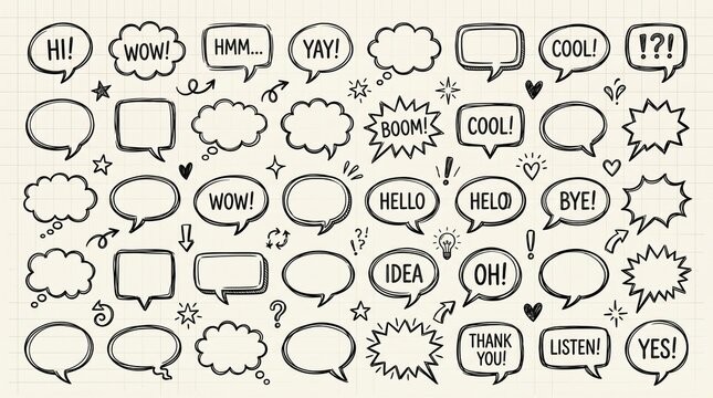   
Hand‑drawn speech and thought bubble collection, varied shapes with expressive words like &ldquo;HI!&rdquo;, &ldquo;WOW!&rdquo;, &ldquo;YAY!&rdquo;, &ldquo;THANK YOU!&rdquo;, symbolizing comic‑style communication and playful design.