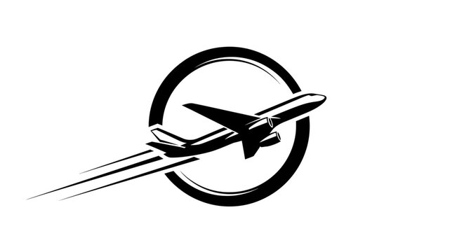 Modern airplane flight logo icon with speed lines in a circular design. Dynamic aviation travel and global transport graphic.