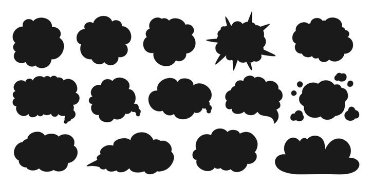 Pop art comic retro cloud of thought shape set. Silhouette speech bubble dialog clouds, thought blobs, explosion effects. Vintage 80s 90s cartoon stickers for prints. Vector communication illustration