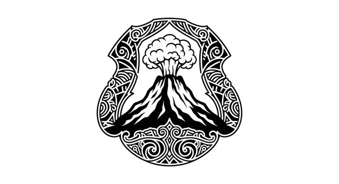Ornate black and white illustration of an erupting volcano with smoke and ash, stylized mountain emblem in a decorative shield design.