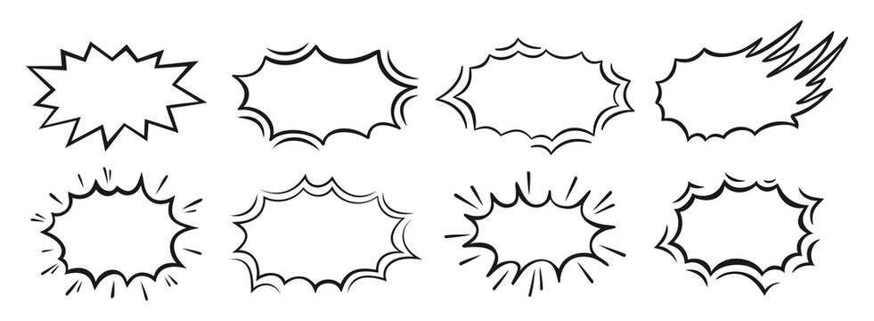 Comic explosion speech bubble line set. Cartoon bomb blast, boom bang effects, dynamic burst rays, fire cloud and doodle pop art puff shapes. Vector illustration isolated