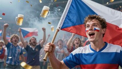 Excited Czech fans celebrate with flags, beer, and confetti at a lively sports match.