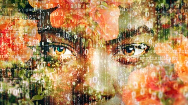 The female portrait blends seamlessly with the blooming digital flowers composed of binary codes and holographic light. Her eyes are open, and light particles are flowing out from within, transcending