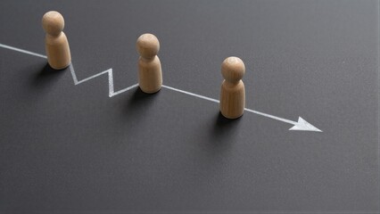 Obraz premium Wooden figures follow a rising arrow, symbolizing growth and progress.
