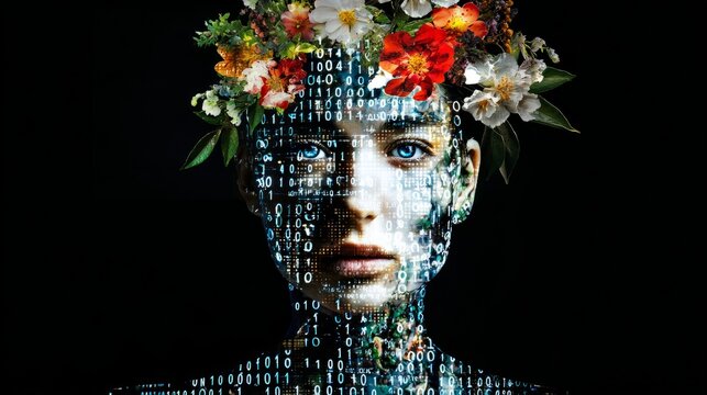The female portrait blends seamlessly with the blooming digital flowers composed of binary codes and holographic light. Her eyes are open, and light particles are flowing out from within, transcending