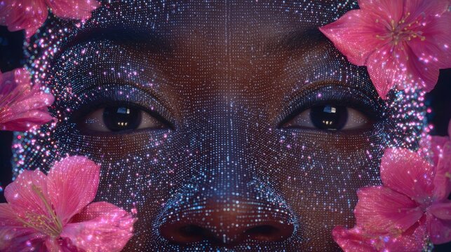 The female portrait blends seamlessly with the blooming digital flowers composed of binary codes and holographic light. Her eyes are open, and light particles are flowing out from within, transcending