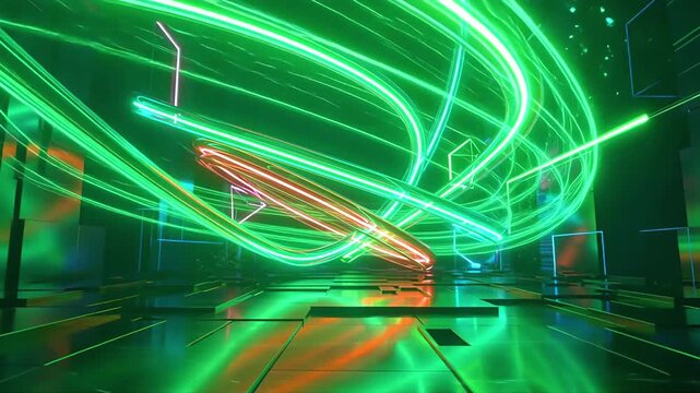 Futuristic neon light trails swirling in dark high tech room. 4K Video