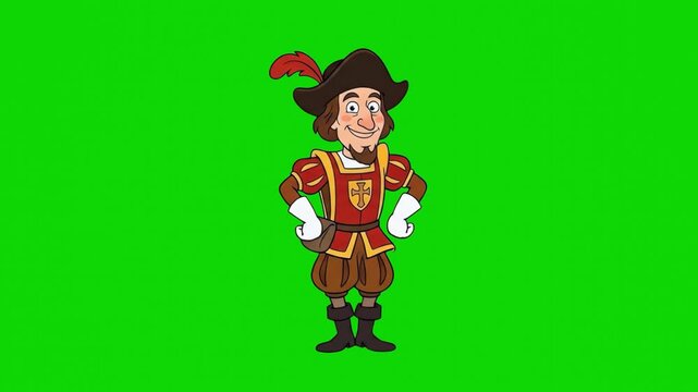 A grinning 2D animated Christopher Columbus explorer character performs a joyful dance routine against a vibrant chroma key green screen. Ideal for educational video production, custom background comp