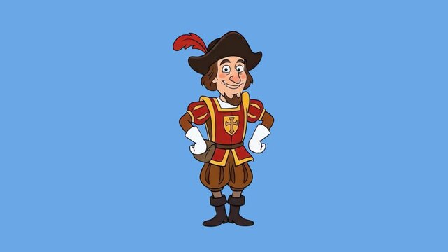 A cheerful 2D animated Christopher Columbus character wearing a traditional explorer outfit with a plumed hat dances happily against a solid blue backdrop. Perfect for history lessons, educational sch