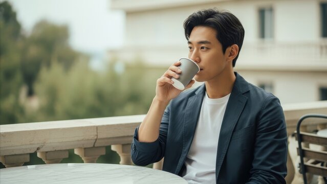 Lifestyle - Young Asian Man Drinking Coffee on Outdoor Terrace Balcony in Smart Casual Blazer Relaxing Alone