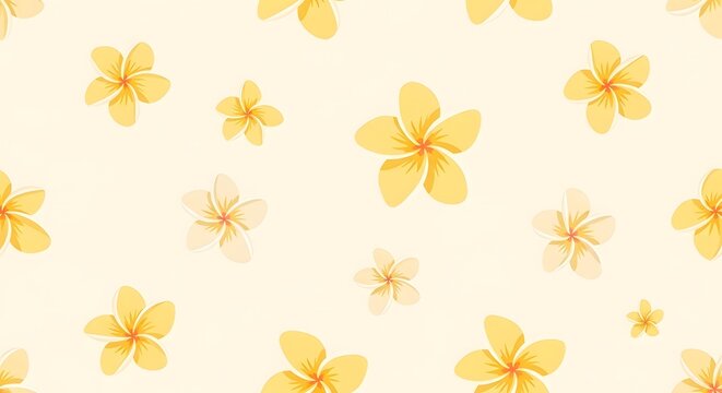 Seamless pattern of scattered yellow plumeria flowers on a soft cream background, creating a gentle tropical floral design.