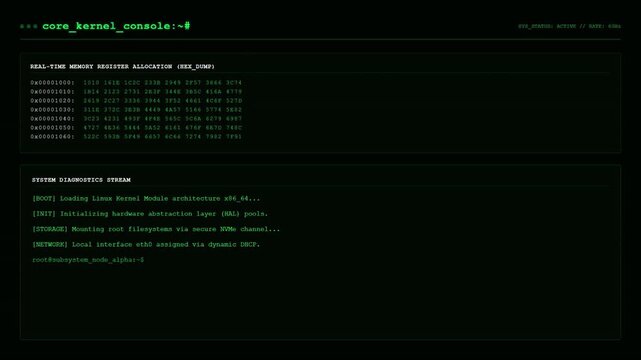 Core Kernel Console Real Time Memory Register Hex Dump System Diagnostics Linux Boot Terminal Animation.