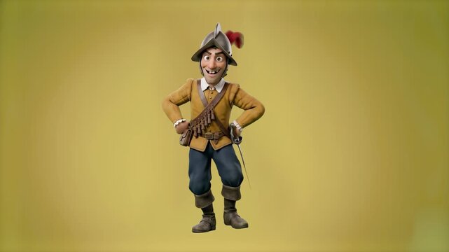A stylized 3D historical conquistador or musketeer character wearing a yellow tunic and morion hat dances happily. The cheerful guard is centered on a plain warm yellow backdrop for creative media lay