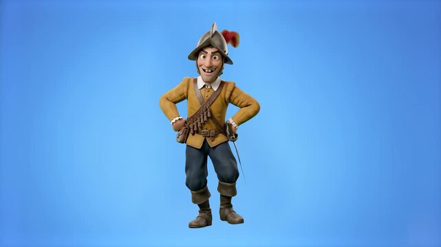 A humorous 3D rendered Spanish explorer mascot posing proudly and performing an energetic dance routine, isolated on a solid blue studio background.