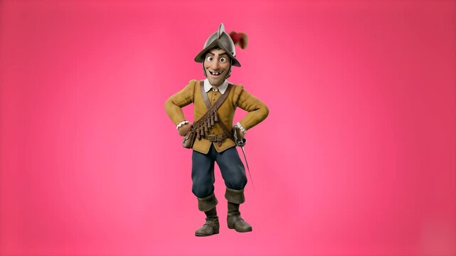 A detailed 3D animated historical character of a Spanish conquistador or explorer in armor and a helmet dancing happily against a solid pink backdrop.