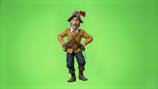 A happy 3D animated Spanish conquistador or musketeer character in a traditional plumed morion helmet and historical doublet dances joyfully against a chroma key green screen. Perfect for educational 