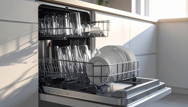 Sparkling clean glasses and white plates inside open dishwasher racks closeup