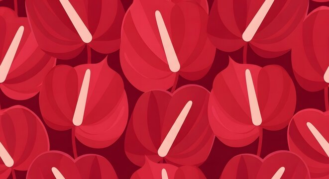 A seamless pattern of vibrant red anthurium flowers with white spadices, set against a deep red background.