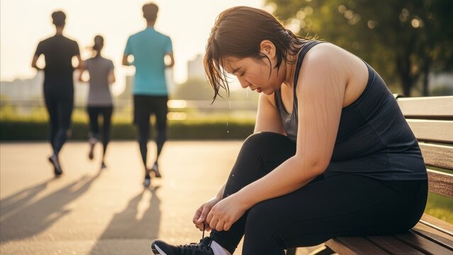 Fitness - Exhausted Asian Woman Resting on Park Bench After Running Workout Sweating in Morning Sunlight