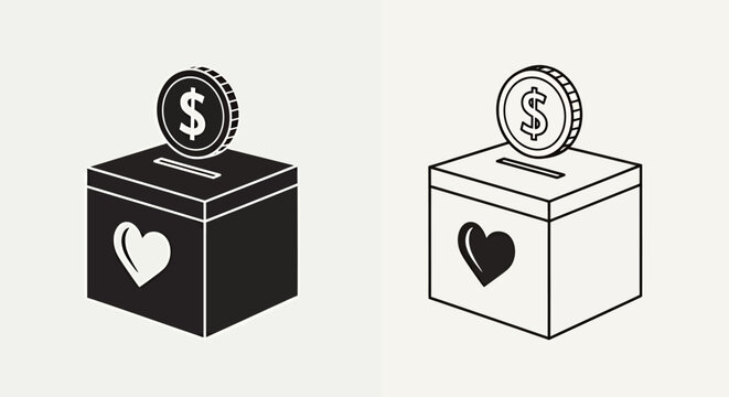 Donation Box Icon Set Featuring Heart Symbol and Coins on Top in Black and White.