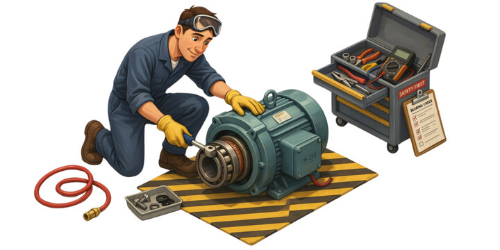 Man fixing or assembling a large green robot toy or machine with tools in a workshop Vector