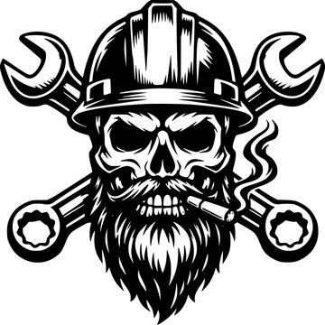 Skull with Hard Hat and Wrenches: A stylized black and white illustration features a menacing skull wearing a hard hat and sporting a full beard and mustache.