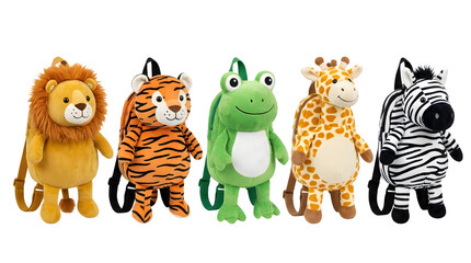 Fototapeta premium Set of five plush animal backpacks for children isolated on transparent background