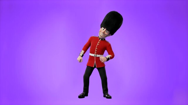 A funny 3D cartoon British Royal Guard wearing a traditional red tunic and tall bearskin hat busting out dance moves, set against a vibrant purple studio backdrop. Designed for London travel promos, B