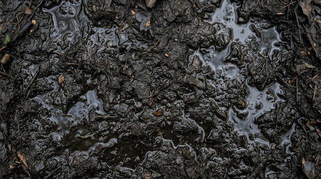 Close up of wet swamp mud texture with organic debris