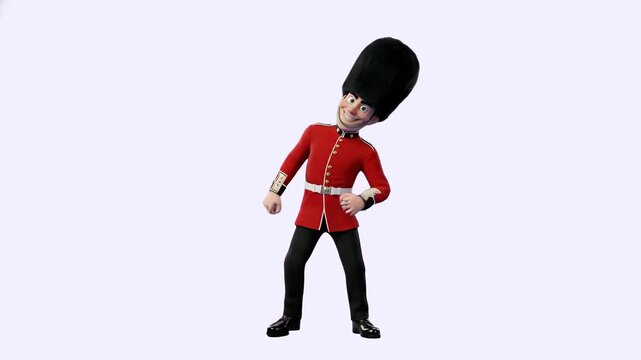 A cheerful 3D animated British royal guard in a traditional red tunic and tall black bearskin hat performs a fun dance. The character is isolated on a plain white backdrop for versatile creative place