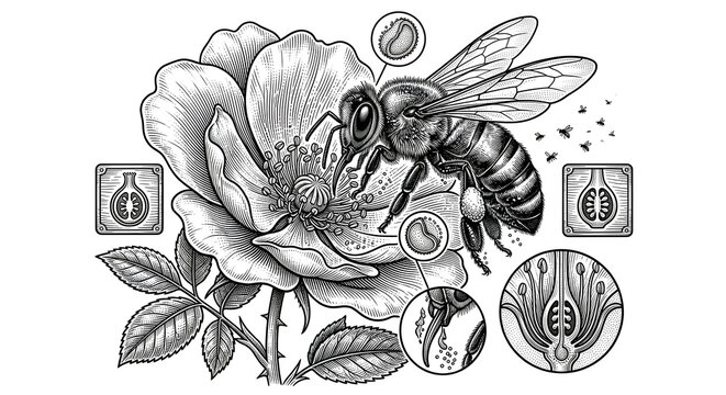 Wooden beehive cross section diagram with honeycombs, worker bees, queen bee, larvae development stages, and honey production in vintage woodcut engraving style