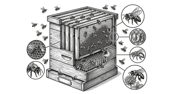 Honeybee pollinating a flower with detailed microscopic cross-sections of plant reproductive organs and pollen grains, vintage woodcut engraving vector