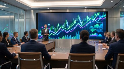 Fototapeta premium Financial analyst presenting market trends with candlestick graphs on a huge video wall during a seminar. Corporate executives in dark suits attending a business conference in a modern boardroom