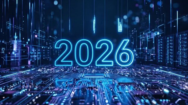 Digital 2026: Glowing Year Number on Futuristic Circuit Board with Tech Icons
