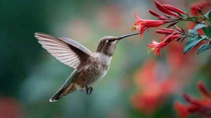 Obraz premium Hummingbird Approaching Vibrant Red Flowers in Nature Sanctuary