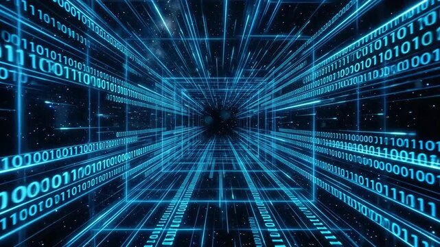 Futuristic digital tunnel with glowing binary code representing data flow.