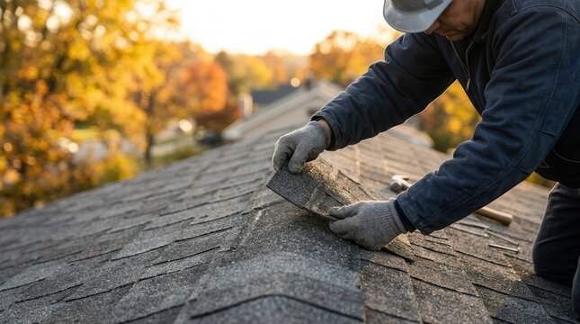 Close up of a construction worker using gloved hands to align an asphalt shingle on a roof.