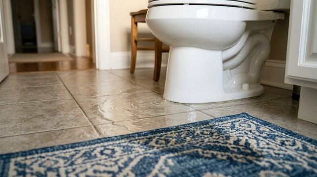 A plumbing leak near the toilet base causing water damage to the bathroom tiles and rug.