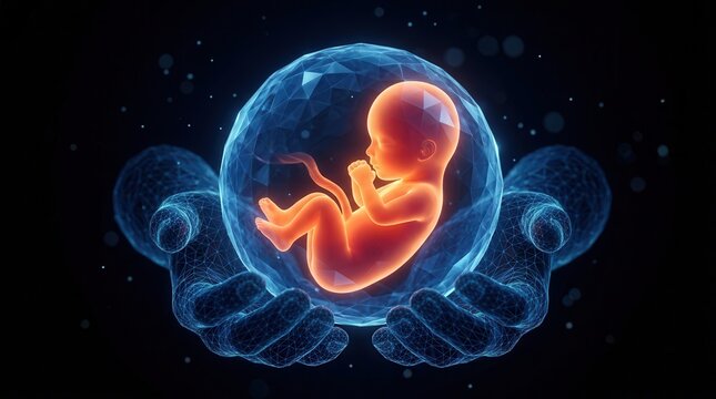 Human hands supporting a luminous embryo in an amniotic sac symbolizing embryo health assessment.