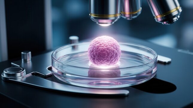 Laboratory fertility preservation concept with a single embryo in a petri dish under a microscope.