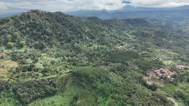 Aerial Landscape View of Hills and Rural Area in Cikalong Cianjur West Java Indonesia