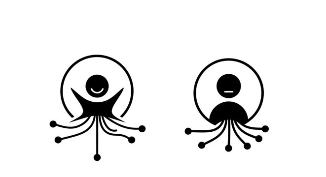 Playful cartoon octopuses with wide eyes and dangling tentacles in silhouettes.