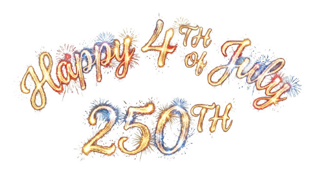 Happy 4th of july 250th anniversary text design, sparkler style lettering, isolated on transparent background