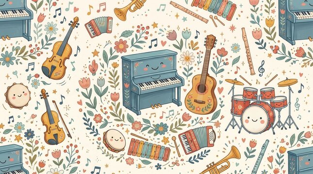 Smiling musical instruments: pianos, guitars, drums, violins, flutes; plus cheerful flowers