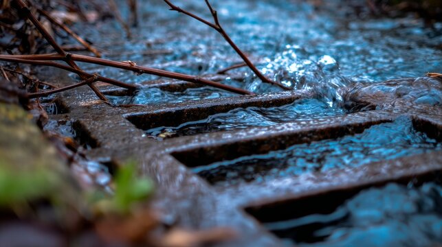 Storm drain covered by moving blue water with wet metal grates, floating leaves and twigs, ripples and splashes showing heavy rainfall, urban drainage system and flooding conditions