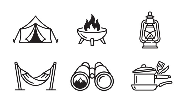 Camping and outdoor recreation equipment icons in hand drawn black and white line art style with adventure binoculars recreation vacation equipment wilderness exploration illustration isolated