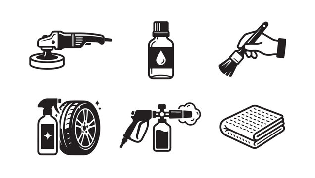 Automotive detailing and car maintenance tools icons in black and white line art vector style with detailing cleaning maintenance automotive professional equipment transport illustration