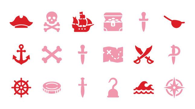 Collection of pirate-themed icons in pink and red, including a ship, treasure chest, and skull.