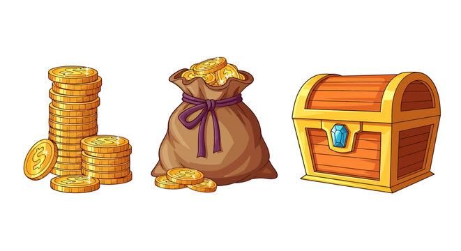 Pile of coins, money bag and treasure chest symbolizing wealth and financial abundance.